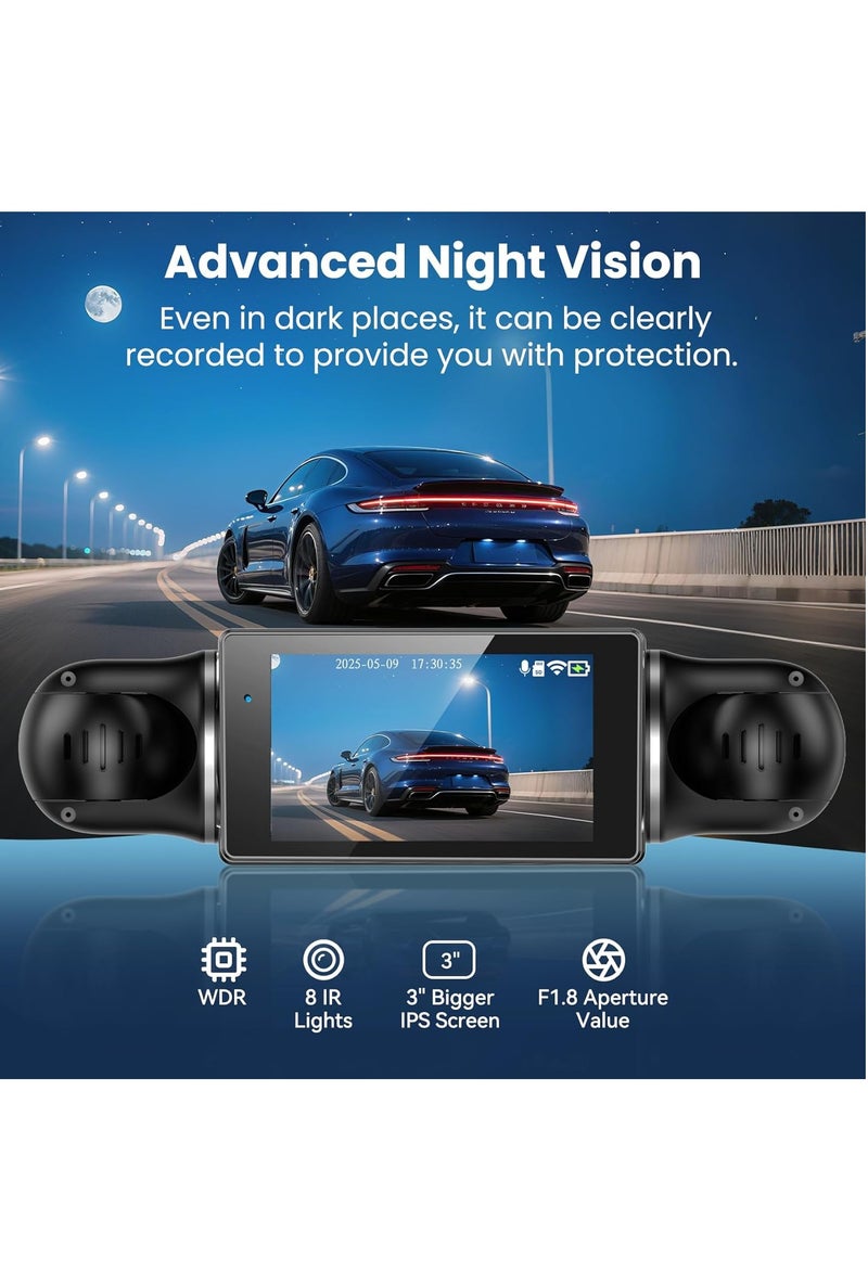 ET-LIFE 360°Dash Cam - 1080P Front and Rear View 4 Channel Dash Camera for Car, Built-in G-Sensor, IR Night Vision, 24H Parking Mode, 64GB TF Card, Loop Recording, APP Control - Image 5